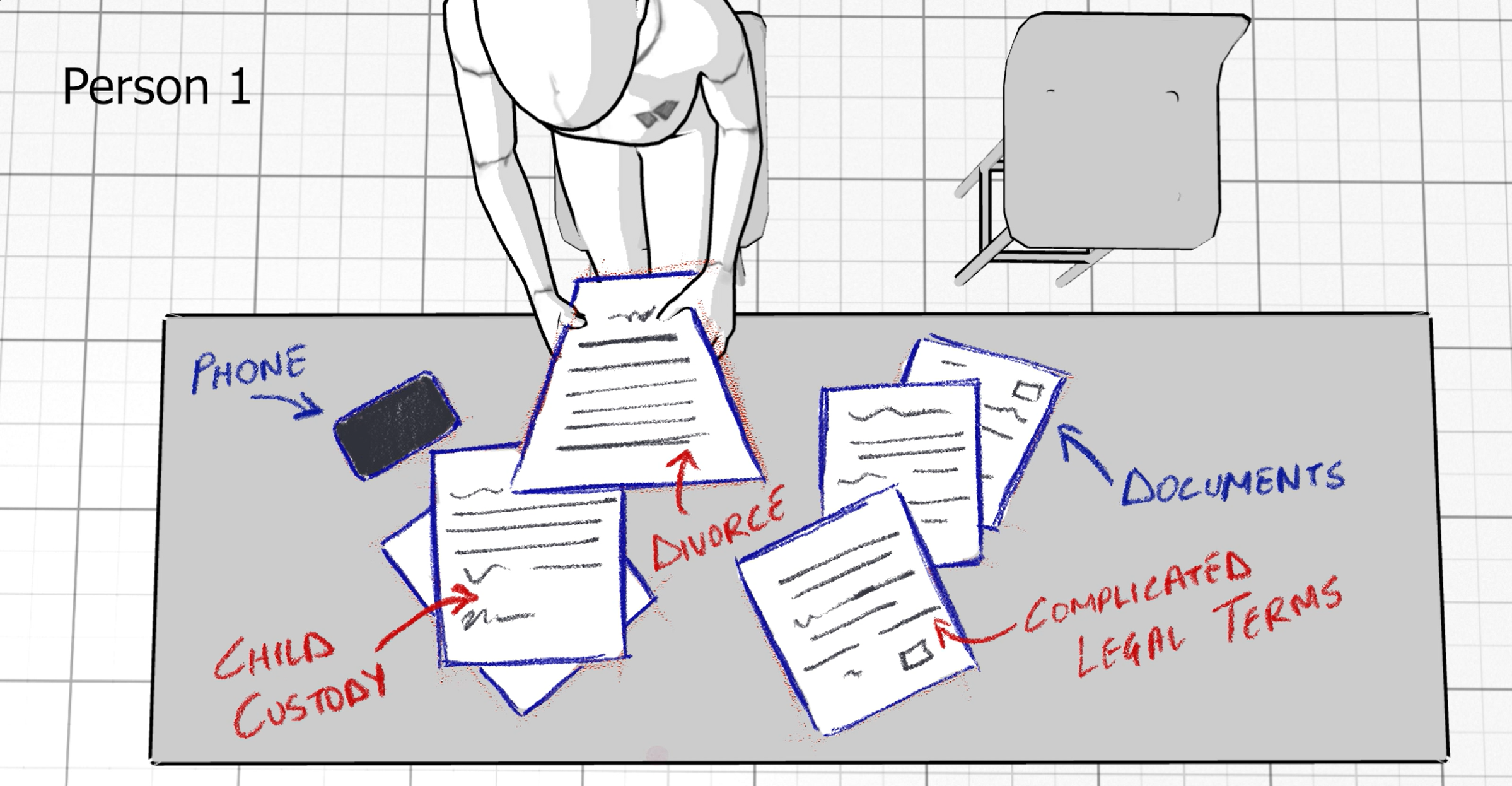 storyboarder-created shot of person surrounded by many legal papers